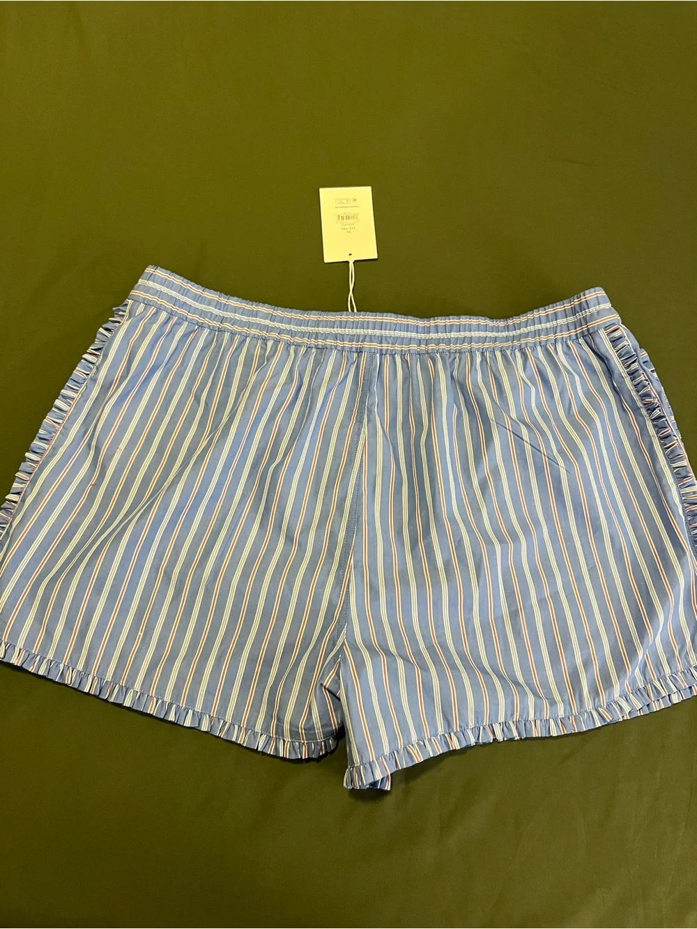 Light Blue Striped Women’s Elastic Waist Shorts with Ruffle Trim Size XL